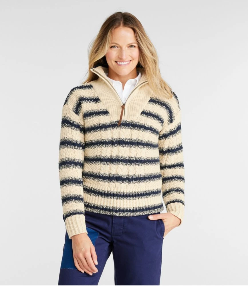 L.L.Bean Women's Signature Cotton Fisherman Quarter Zip Sweater Stripe - Image 2